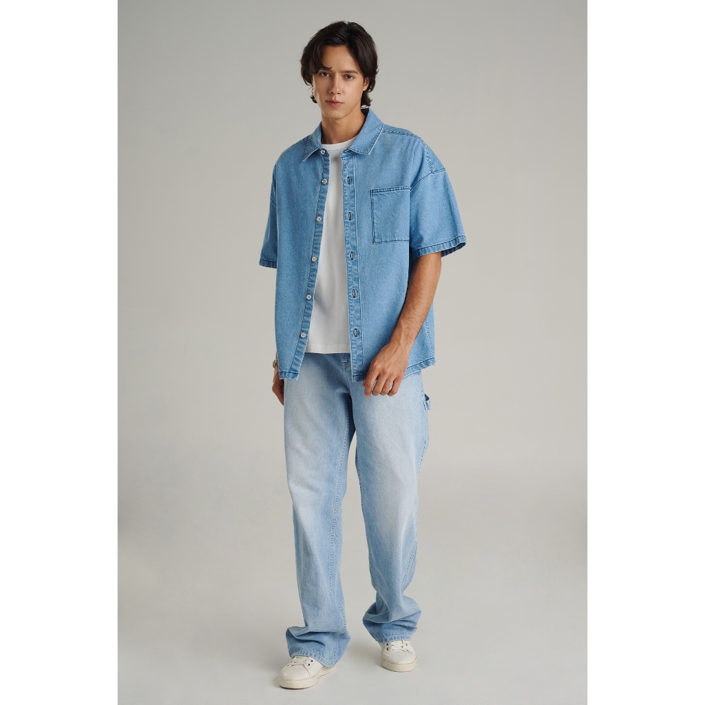Mc jeans เสื้อเชิ้ตโอเวอร์ไซส์ ผู้ชาย เสื้อเชิ้ตแขนสั้น สียีนส์ฟอกอ่อน MSSZ245
