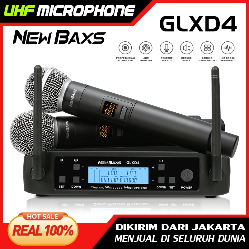 NEW BAXS GLXD4 ไมโครโฟนไร้สายหนึ่งสำหรับสอง 2 ไมโครโฟนแบบใช้มือถือ UHF Band 2 ช่อง 640เมกะเฮิร์ตซ์ไมโครโฟนร้องเพลงอลูมิเ