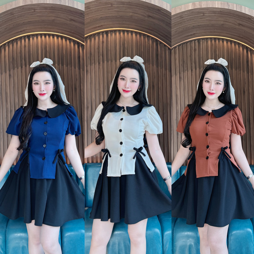ชุดเซตกระโปรงทรูโทนผ้าวูลเวฟ เสื้อคอบัวแขนตุ๊กตากระดุมหน้าแต่งโบว์หน้า+กระโปรงเอวยางยืดพร้อมซับใน จ1,(กำแพง จ1) A5023