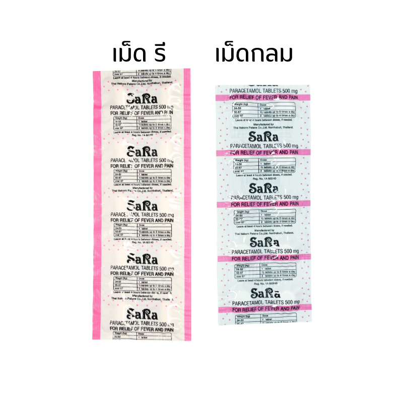 Sara ซาร่า พาราเซตามอล ยาเม็ดบรรเทาปวด ลดไข้ ชนิดเม็ดรี / เม็ดกลม 1 แผง 10 เม็ด