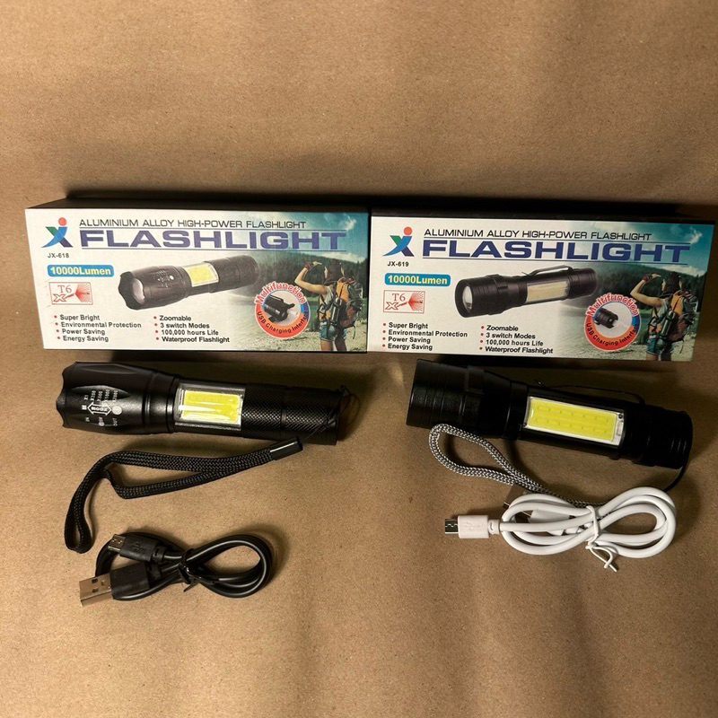 LED ไฟฉายแรงสูง ไฟฉายซูม JX-618/619 XML T6+COB 10000 Lumens 4โหมดได้ ไฟแฟลช์ ไฟด้านข้าง ชาร์จ USB มี