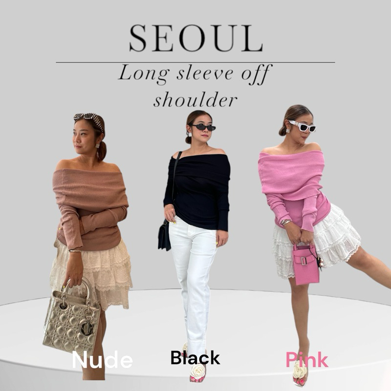 SALES Shopee Video ลด30%แขนยาวไหมพรม OFF SHOULDER  SEOULเสื้อปาดไหล่by flamingo_clozet