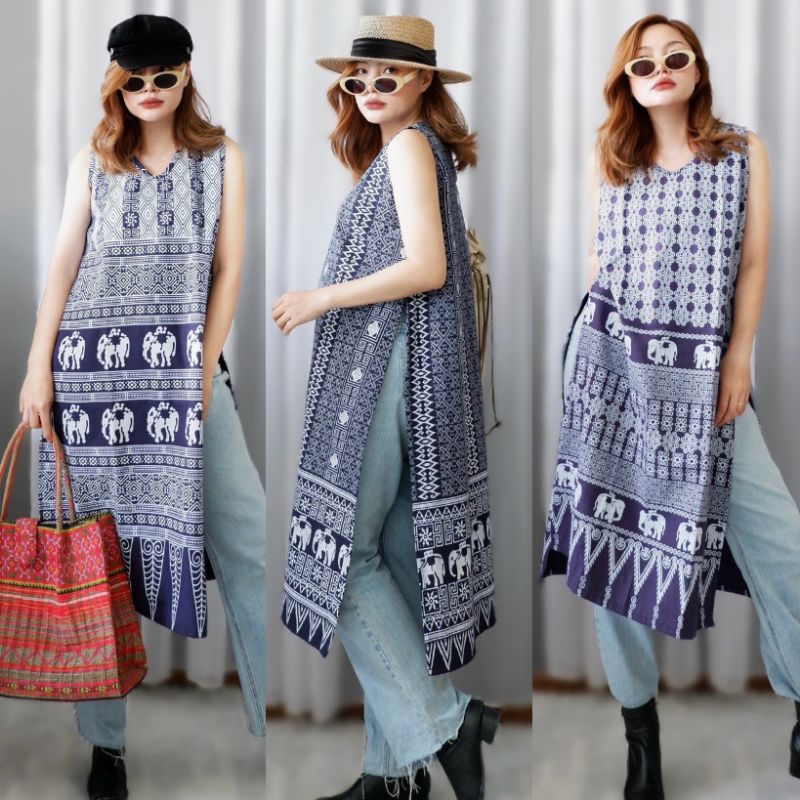เดรสผ่าข้าง ลายช้าง ชุดเดรส ผ้าฝ้าย ขนาดฟรีไซส์ ผู้หญิง เสื้อผ้า Dress Women