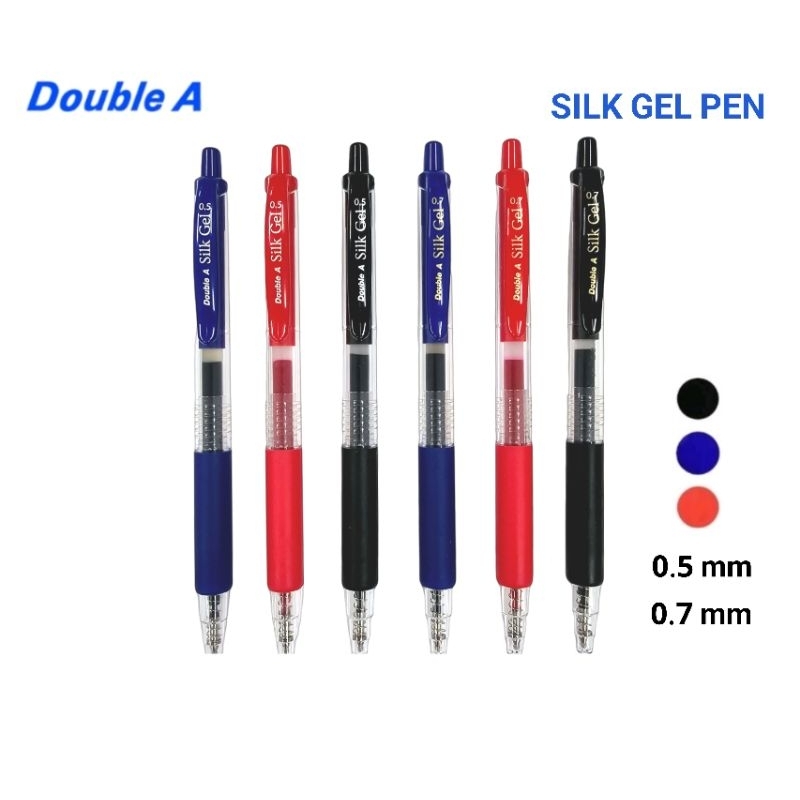Double A ปากกาเจล แบบกด SILK GEL PEN ขนาด 0.5 มม., 0.7 มม. หมึกน้ำเงิน, แดง และดำ (ราคาต่อ 1 ด้าม)