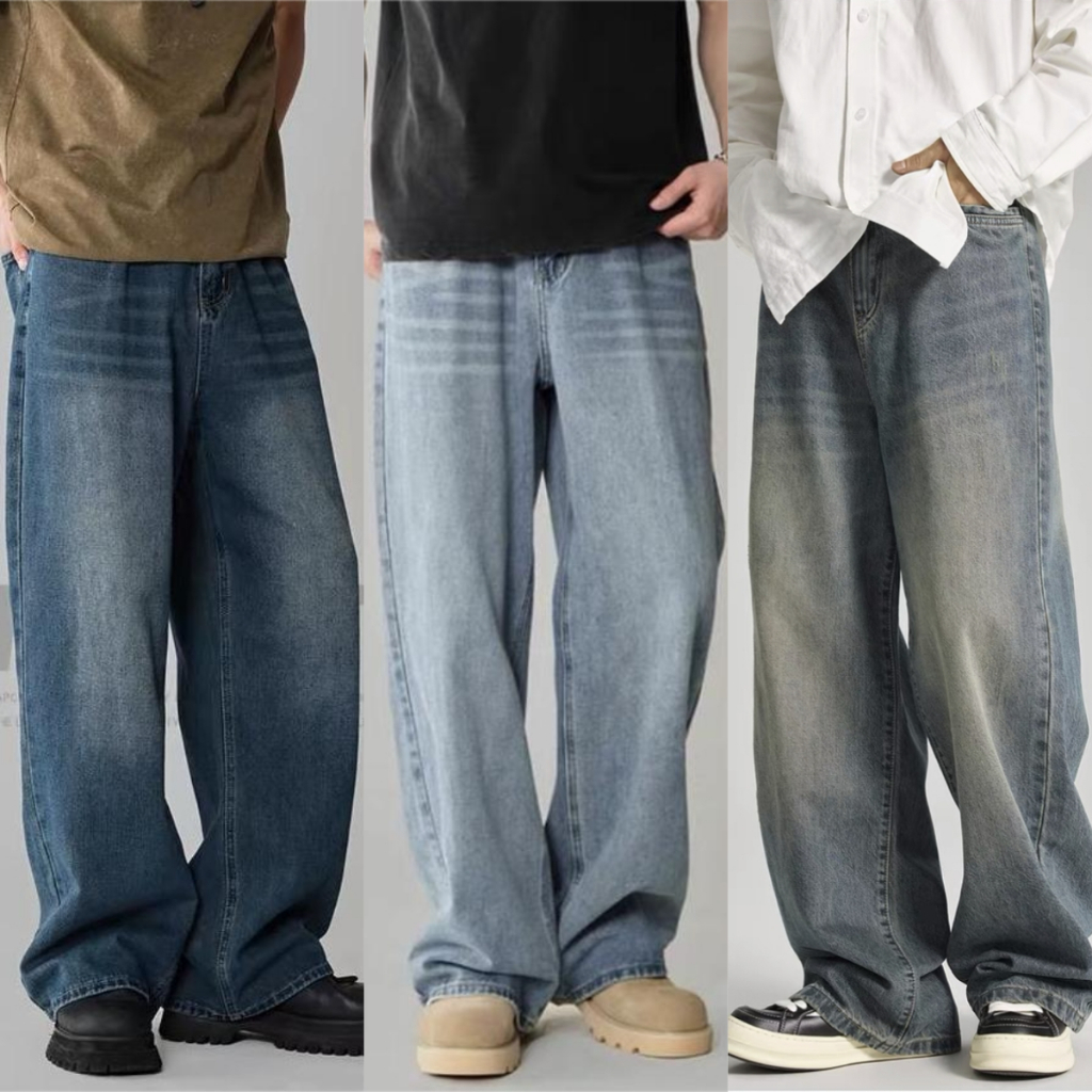 Mens Demin กางเกงยีนส์ทรงหลวมสไตล์เกาหลี เย็นสบาย จัดส่งรวดเร็ว Clothing ผู้ชาย Jeans กางเกงยีนส์baggy สีดํา