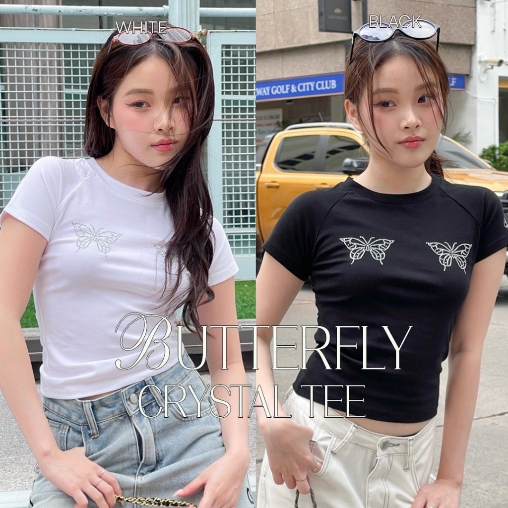 Choosedress A1980 Butterfly Crystal Tee เสื้อยืดทรง Baby Tee แต่งเพชรลายผีเสื้อ