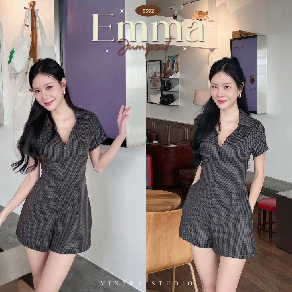 Emma jumpsuit - จั๊มสูทกางเกงขาสั้น คอปก แขนสั้น ทรงหลวม มีกระเป๋า ซิปหน้า MT.STDO