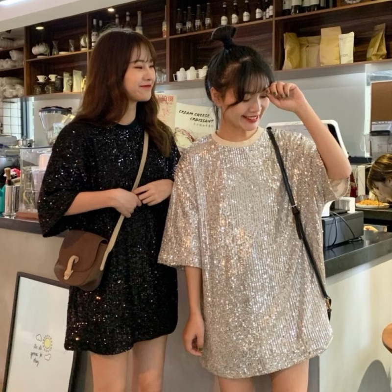 พร้อมส่งเสื้อปักเลื่อมเล่นแสงoversizedคอกลม unisexผชใส่ได้สไตล์เกาหลี มีถึงอก50