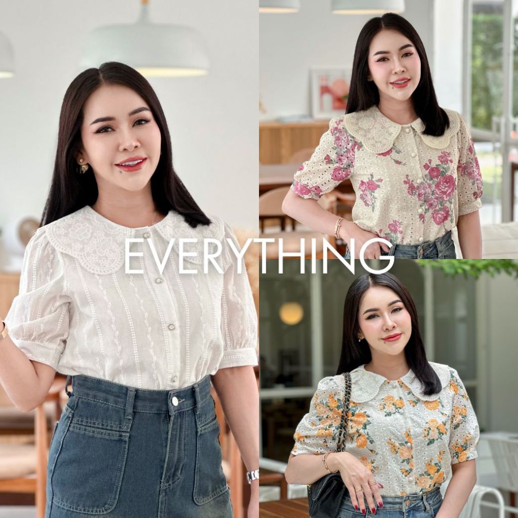 Everything2019 เสื้อผู้หญิง คอปกหยักฉลุ แขนสั้น กระดุมมุก งานปักลูกไม้ ดีไซน์น่ารัก ใส่ทำงาน ใส่งานบุญ พร้อมส่ง (2071)