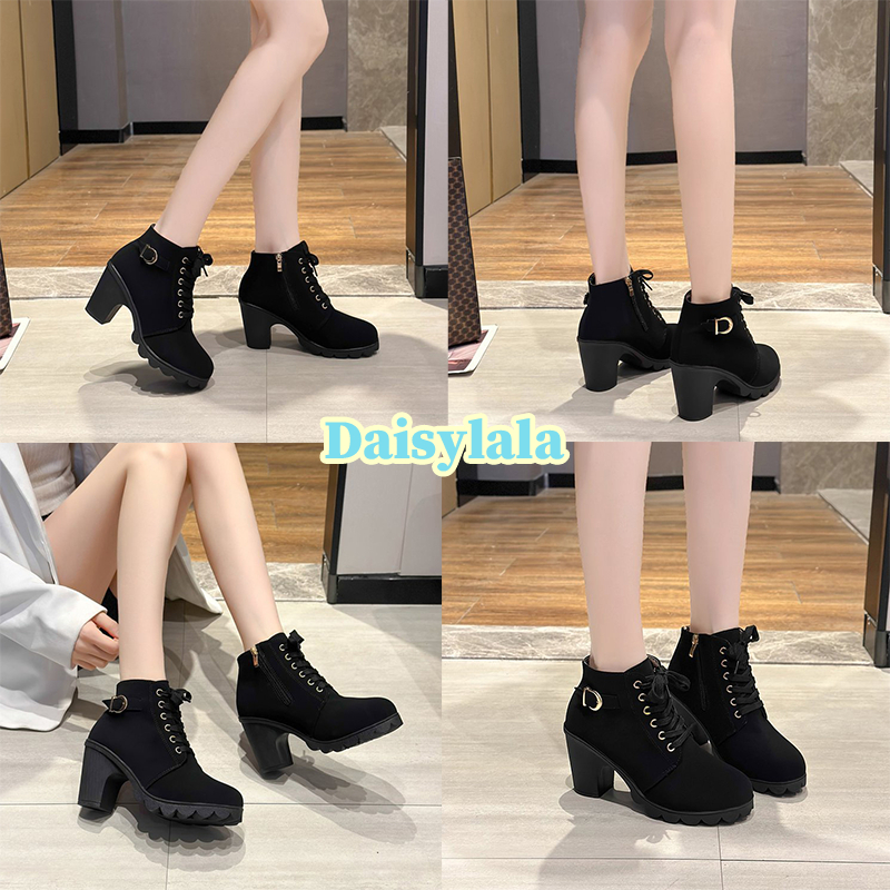 Daisylala รองเท้าบูทมาร์ตินส้นสูงที่มีส้นหนาและดีไซน์หัวมนดูทันสมัยและหรูหราเหมาะสำหรับงานปาร์ตี้