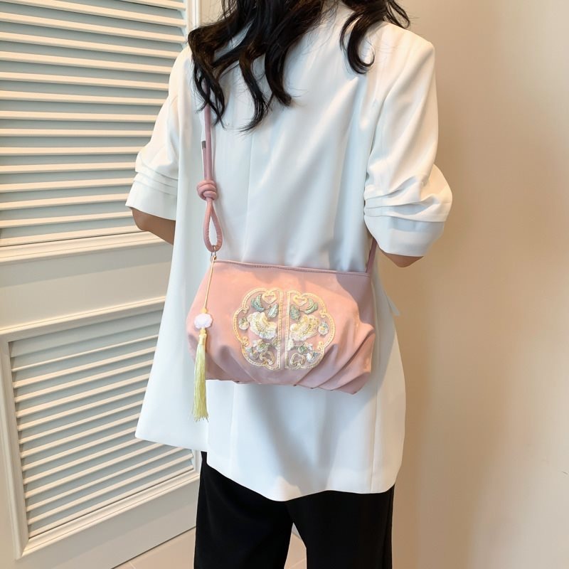 [GF1901] กระเป๋าสะพายไหล่ อัดพีชสไตล์จีน สายปรับสั้นยาวได้ พร้อมส่งจากไทย