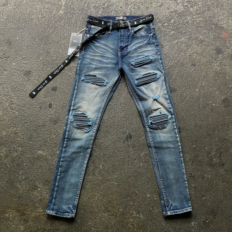 GENOA Black leather ยีนส์แต่งเข่าหนังดำ สไตล์ Amiri