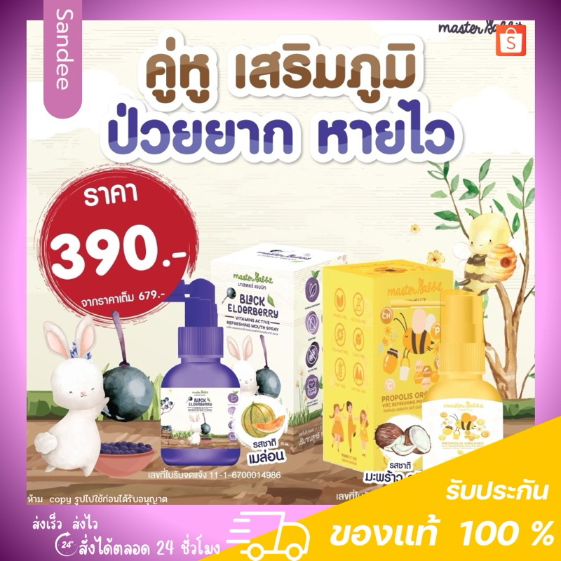 เซตคู่หู เสริมภูมิ ป่วยยาก หายไว Master Rabbit ( BLACK ELDERBERRY VITAMINS +   Propolis Spray )