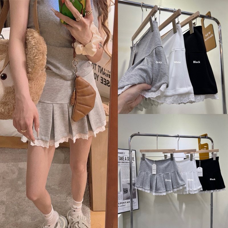 Gang_jeans#701(K)กระโปรงผ้าเรียบ ทรงเทนนิส แต่งปลายระบายลูกไม้