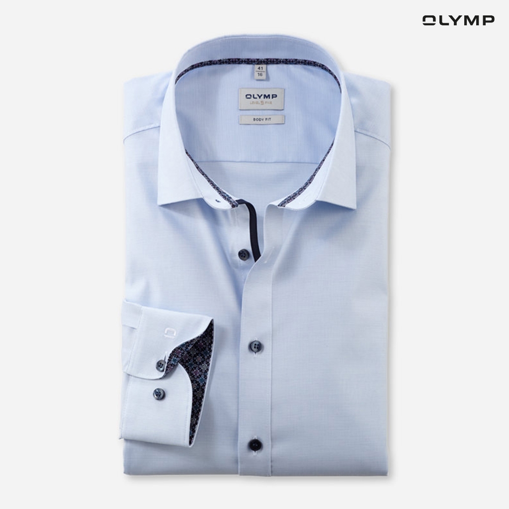 OLYMP Level Five Shirt เสื้อเชิ้ตผู้ชายแขนยาว สีฟ้าอ่อน ผ้าเท็กเจอร์แต่งแขน ทรงพอดีตัว ยืดหยุ่นได้ดี รีดง่าย AUTU24