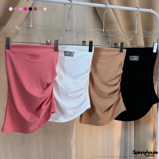 🌈SpinnyHouse🌈เกาะอกปาดชายข้าง ผ้ายืดยูนิ แต่งจีบย่นข้าง 🫧 ปักโลโก้ช่วงอก สาวอวบใส่ได้ รุ่น เกาะอกปาดข้าง B-006-4-A