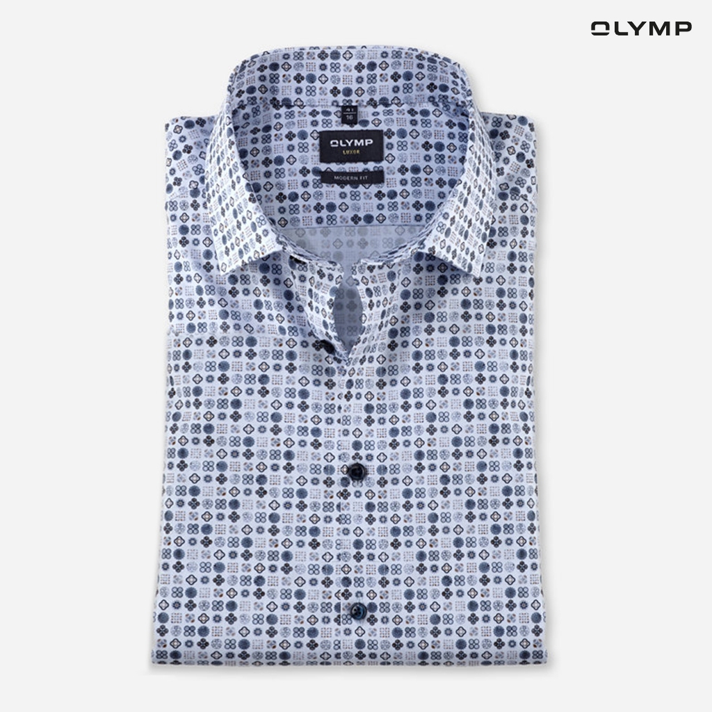 OLYMP LUXOR Shirt เสื้อเชิ้ตผู้ชายแขนสั้น สีน้ำเงิน ผ้าเรียบ พิมพ์ลายกราฟิก ทรงหลวม ใส่สบาย AUTU24