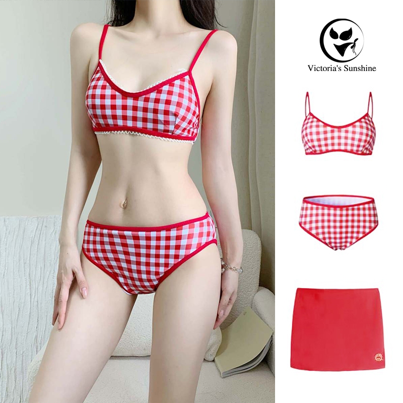 ส่งไวจากไทย ชุดบิกินี่ ทูพีช bikini sexy ลายสก๊อตสีแดง มีฟองน้ำ#0425