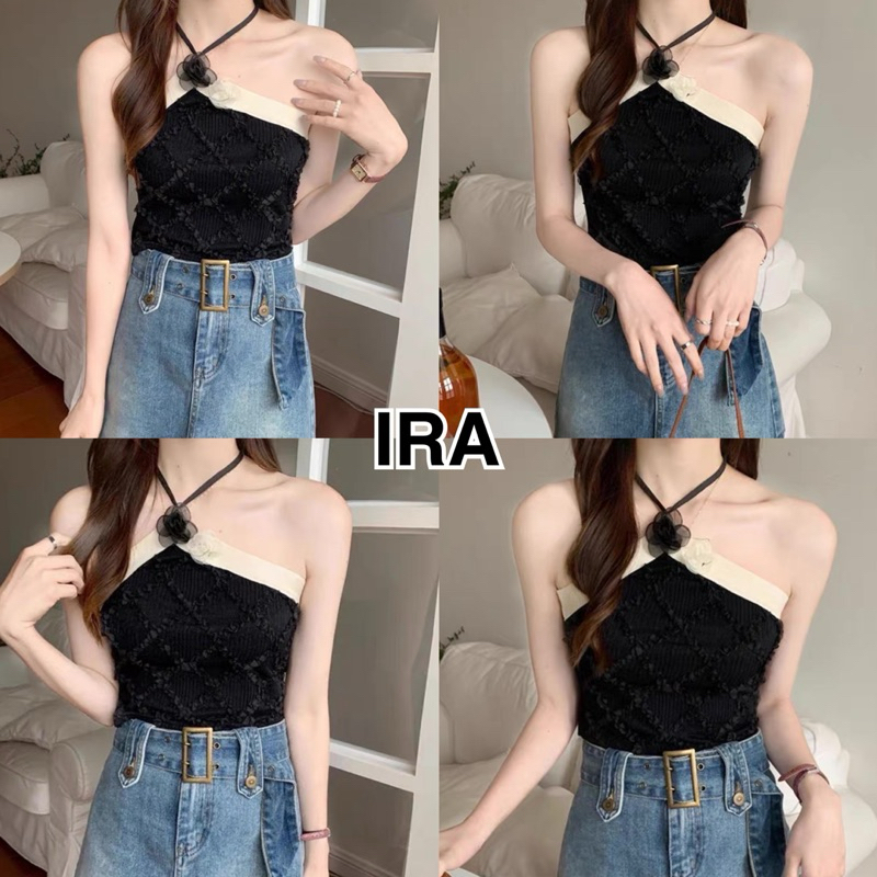 BY IRA  พร้อมส่ง  เสื้อสายเดี่ยว ดีเทลคล้องคอสีดำสวยๆ ประดับดอกไม้