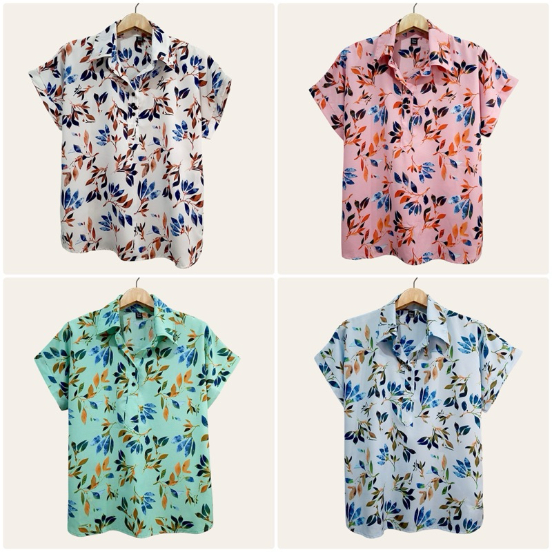 (อก 44”) เสื้อคอปก เเขนสั้น ลายใบ ผ้าไหมอิตาลี ไม่ต้องรีด