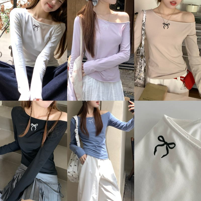 Somedays_closet l🌷พร้อมส่ง🌷Achita Top เสื้อแขนยาวเปิดไหล่ปักลายน้องโบว์ ใส่แล้วดูตัวเล็กมุมิมากค่า