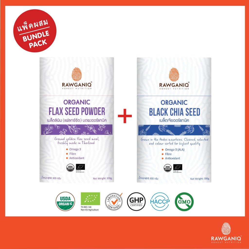 แพ็คผสม แฟลกซ์ซีดบดผงออร์แกนิค + เมล็ดเจียออร์แกนิค นำเข้าเกรดA 300g มีผลแลป อย มีใบรับรองออร์แกนิค (USDA, EU certified)