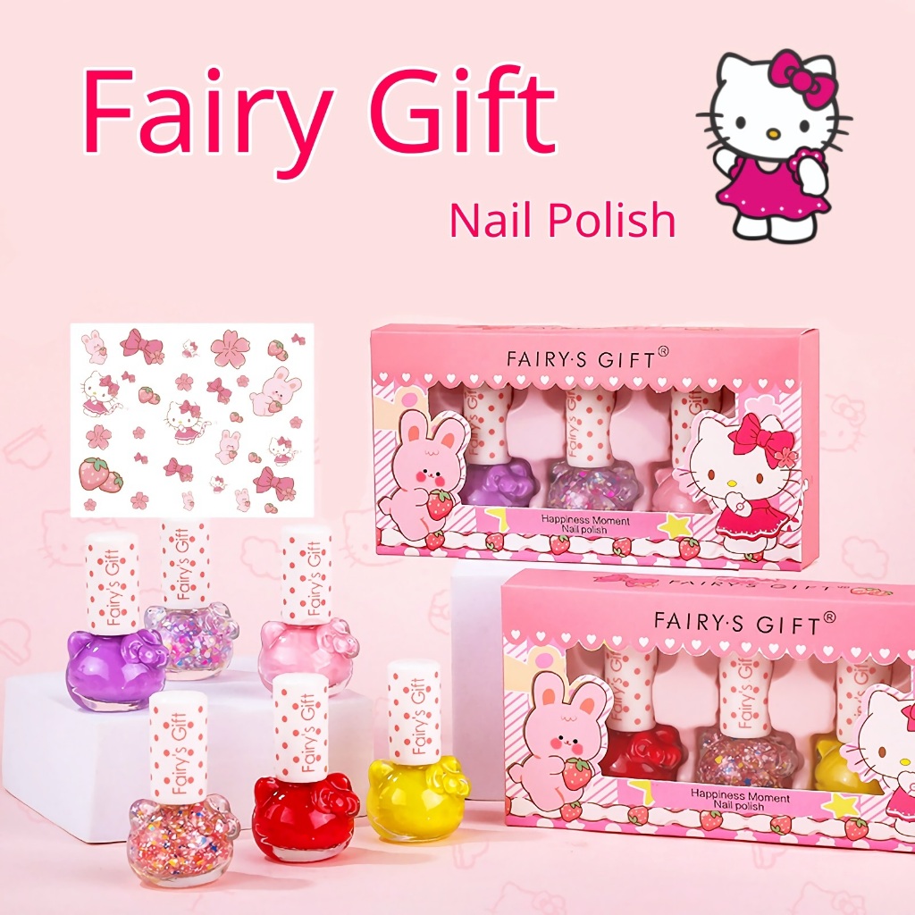 สีทาเล็บเด็ก ลอกออกได้ เซ็ต 3 ขวด ขวดลายคิตตี้น่ารัก น้ำยาทาเล็บเด็ก ชุดเพ้นท์เล็บเด็ก
