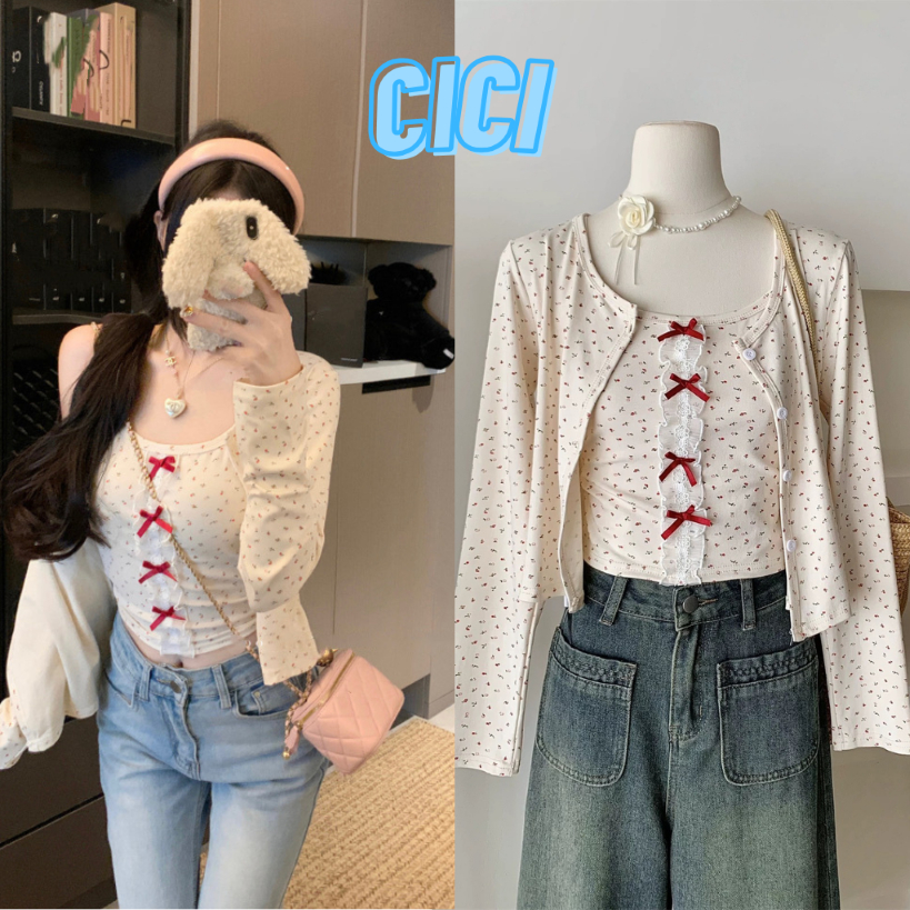 ส่งทันที Cici(NO. J1362) Set 2 ชิ้น สายเดี่ยวปักโบว์ดีเทลลายลูกไม้+เสื้อคลุมแขนยาวสไตล์เกาหลี