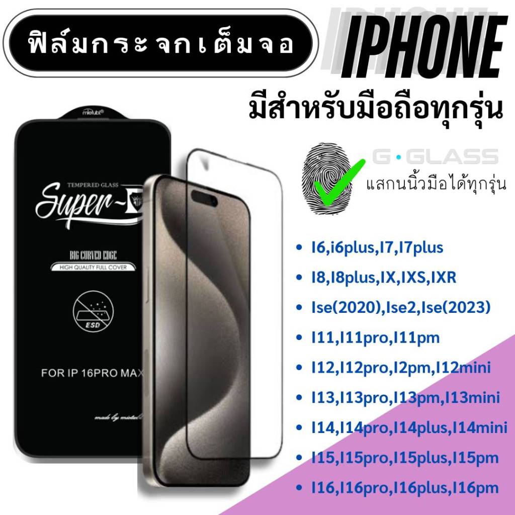 ฟิล์มกระจก IPHONE ฟิล์มกระจกเต็มจอ ไอโฟน ip,i6,i7,i8,ix,ixr,i11,i12,i13,i14,i15,i16,ise ฟิล์มกระจกใส