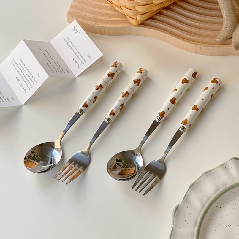 [พร้อมส่ง] 🧸 Ins Style Cute Bear Stainless Steel ชุดช้อนส้อม เซ็ทช้อนส้อม ช้อนส้อมน่ารัก!