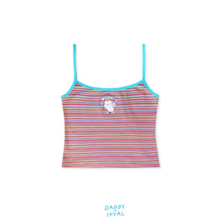 DADDY | Remy Tank Top เสื้อสายเดี่ยวครอปท็อป ปักน้องหมี ลายทางสีโทนชมพูแดงแต่งกุ๊นเขียว