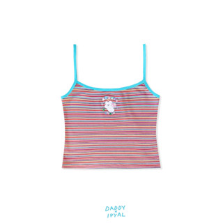 DADDY | Remy Tank Top เสื้อสายเดี่ยวครอปท็อป ปักน้องหมี ลายทางสีโทนชมพูแดงแต่งกุ๊นเขียว