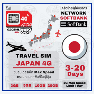 Japan SIM ซิมญี่ปุ่น Soft Bank 3 -15 Days 4G Max speed limit/ day