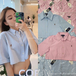 Ralph stripe Crop Shirt 🩵💗(350฿) เสื้อเชิ้ตครอปลายทาง แบรนด์ดัง งานปักโลโก้ที่อก น่ารักมาก ผ้า cotton oxford valen