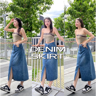 ( พร้อมส่งทุกไซส์ ) 🔥โค้ดส่วนลดอยู่ภาพ2🔥 Denim skirtกระโปรงยีนส์สีอ่อนเอวสูงผ่าหน้า *เอวใหญ่สุด32”