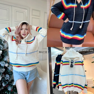 เสื้อฮู้ด ผ้าตาข่ายเนื้อหนา แต่งแถบสายรุ้ง🌈สวยมาก เสื้อผ้าสาวอวบอ้วน พลัสไซส์ ไซส์ใหญ่