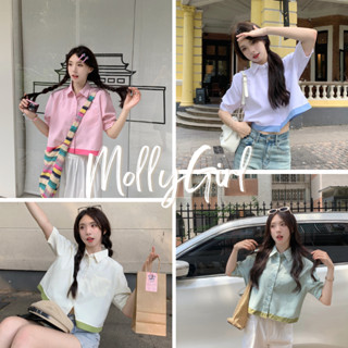 Mollygirl เสื้อครอปคอปก ทูโทน น่ารักกรุบ มินิมอลสไตล์ 89042#