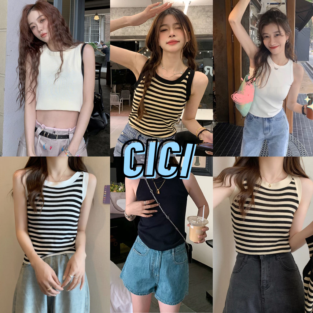 ส่งทันที Cici(NO. 25053)เสื้อกล้ามไหมพรมลายทาง/สีพื้นคอกลม ทรงเบสิคน่ารักแมทซ์ง่าย