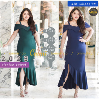 BJ 1663.ชุดราตรี plussize สายเดี่ยวปาดวีนก แต่งระบายชาย ผ้ามิลิน ommishop