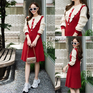 🌈🌿🌺🌸🌼❤️🤎🇰🇷 Knit 2Tone Frill Collar Long Sleeve Dress