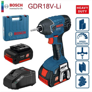 BOSCH ไขควงกระแทกไร้สาย รุ่น GDR18V-LI มาพร้อมแบต 18V 2.6 Ah 2 ก้อน แท่นชาร์จ  AL1820CV 1ตัว เครื่องมือช่าง รับประกัน