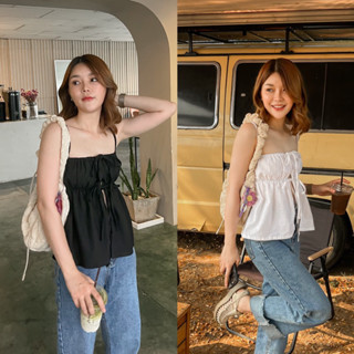 พร้อมส่ง 🍡 เสื้อสายเดี่ยว ผูกโบว์หน้า ทรงสวย งานฟรีไซส์ ปรับระยะได้ตามตัว