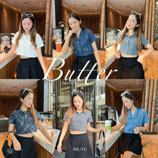 Mute - Butter crop เสื้อครอปน่ารัก เสื้อครอปลายผ้ายีนส์และผ้าริ้วเเต่งกระดุมหัวใจ