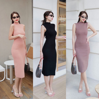 Cobu dress▼ เดรสไหมพรมคอปืนแขนกุด INTUON