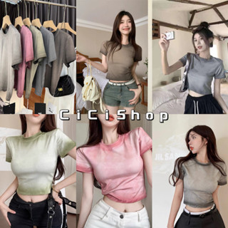 Cicishop(T6605)เสื้อ (Crop top) แขนสั้น คอกลมดีเทลลายมัดย้อม ทรงสลิมฟิต ผ้านุ่มนิ่มสุดๆ