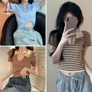 พร้อมส่ง เสื้อคอปกผู้หญิงลายทาง ผ้านุ่ม ดีไซน์สวย เสื้อยืดมินิมอลสีพื้น TS126