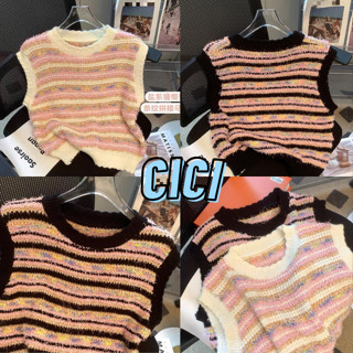 Cici(NO.8063)Knitt vest top เสื้อกั๊กไหมพรมแขนกุด ทอสลับสีหวานๆแมตช์ง่ายสไตล์เกาหลี