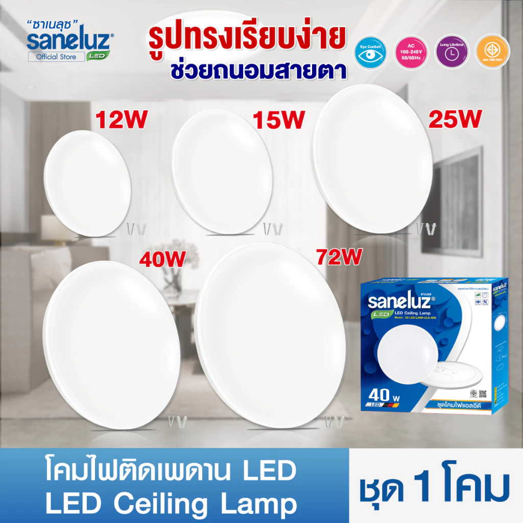 Saneluz โคมซาลาเปา โคมไฟติดเพดาน 25W 40W 72W LED ทรงกลม โคมสำเร็จรูปพร้อมหลอด สินค้ามาครบชุด และอุปกรณ์ในการติดตั้ง led