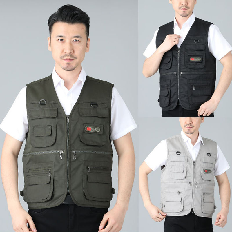 Men's multi-pocket casual Waistcoats แคมป์ปิ้ง/เดินป่า/ตกปลา/เสื้อกั๊กวินเทจ