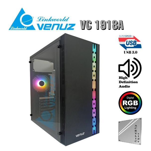 VENUZ Acrylic Side ATX Computer Case VC 1918A with RGB LED Lighting &amp; VF1298 120mm Rainbow RGB Fan – Black